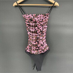 Free People Womens Ruched Butterfly Print Bodysuit XS Black Pink Going Out Top